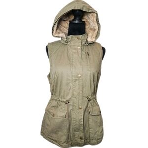 Love Tree Utility Hooded Vest Small Olive Green Sleeveless Drawstring Pockets